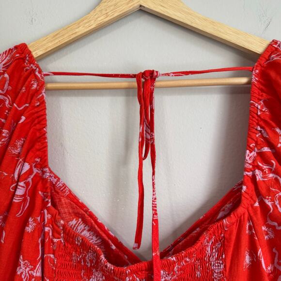 Ava & Viv Size 3X Red Floral Top Balloon Sleeve Smocked Flirty Coquette - Picture 9 of 11